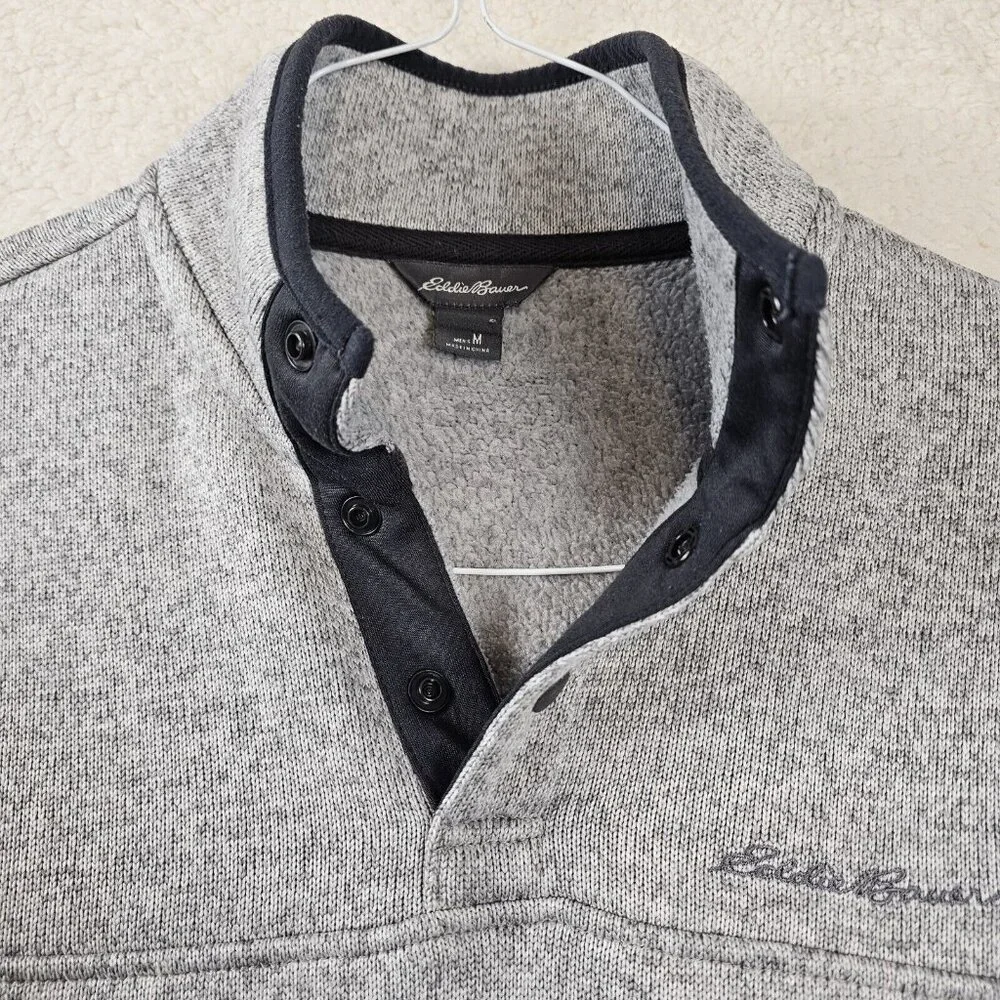 Eddie Bauer Pullover Mens Medium Radiator Fleece Mock Sweater Gray Snap Outdoors